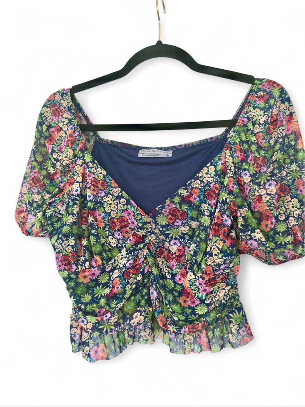 Urban Outfitters Floral Ruched Crop Top - Navy Multi
